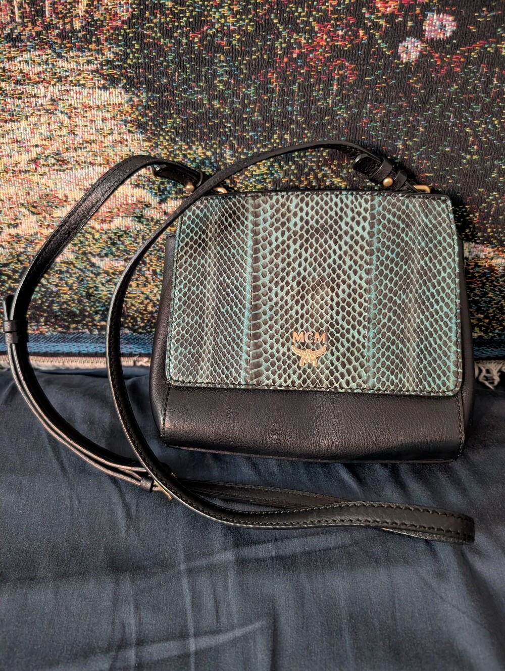 Mcm Mini Crossbody Bag With Green Snake Skin Flap Super Cute In Great Shape!